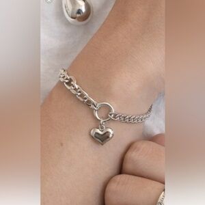 White Gold Plated Heart Charm Bracelet Mixed Chain Link Toggle Style Adjustable